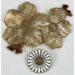 TWO VINTAGE FLOWER BROOCHES comprising large horn double flowerhead brooch, 9.5cms across and an