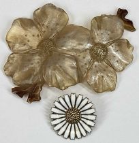 TWO VINTAGE FLOWER BROOCHES comprising large horn double flowerhead brooch, 9.5cms across and an