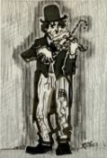 KAREL LEK MBE black and white artist proof print - portrait of Charlie Chaplin playing the violin,