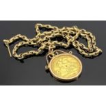 EDWARD VII GOLD HALF SOVEREIGN, 1908, in 9ct gold pendant mount on an unmarked yellow metal