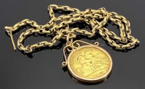 EDWARD VII GOLD HALF SOVEREIGN, 1908, in 9ct gold pendant mount on an unmarked yellow metal