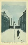 ‡ HAROLD RILEY DL DLITT FRCS DFA ATC (1934-2023) colour print - snow covered terraced street, man
