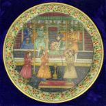 INDIAN MARBLE PLATE, decorated with a Mughal emperor and attendants, within enamelled floral border,