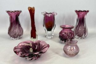 CZECHOSLOVAKIAN ART GLASS, overlay purple / pink glass spiral form vases, a pair, 23cms H, similar