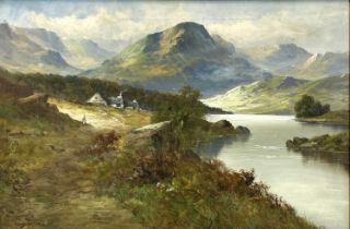 HENRY COOPER (1859-1934) oil on canvas - extensive mountainous lake view with figure and cottage