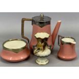 ROYAL WORCESTER 'BACHELORS' TEA SERVICE, pink glazed and with EPNS mounts, the teapot with