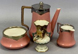ROYAL WORCESTER 'BACHELORS' TEA SERVICE, pink glazed and with EPNS mounts, the teapot with
