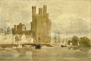 DAVID COX JR (1809-1885) watercolour - Caernarfon Castle from the harbour, 29 x 37cms