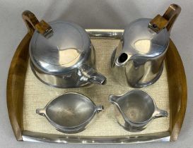 PICQUOT WARE FIVE-PIECE ALUMINIUM TEA SERVICE, teapot, hot water jug, two-handled sugar basin,