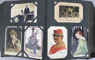 ALBUM OF ANTIQUE & VINTAGE COLOUR AND BLACK AND WHITE POSTCARDS, WWI French, Canadian, steam