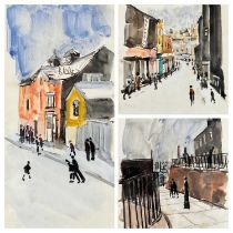 ‡ HAROLD RILEY DL DLITT FRCS DFA ATC (1934-2023) three watercolours - street scenes with figures,