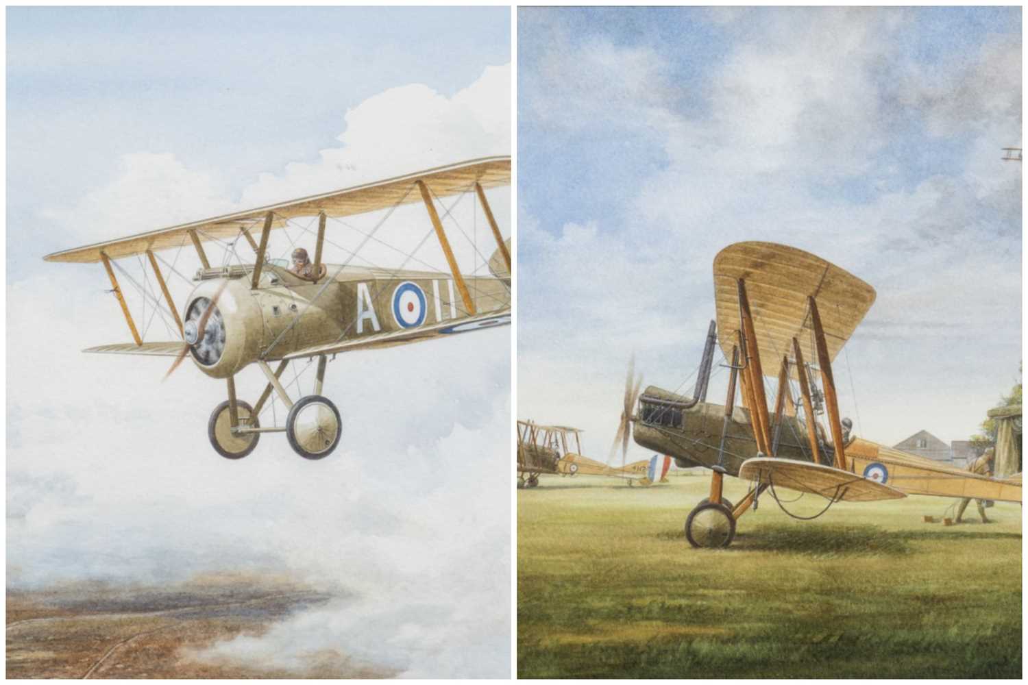 ‡ THE MILITARY CLUB HOUSE: GORDON WRIGHT, two watercolours - 'A Camel over the Lines', Sopwith F1