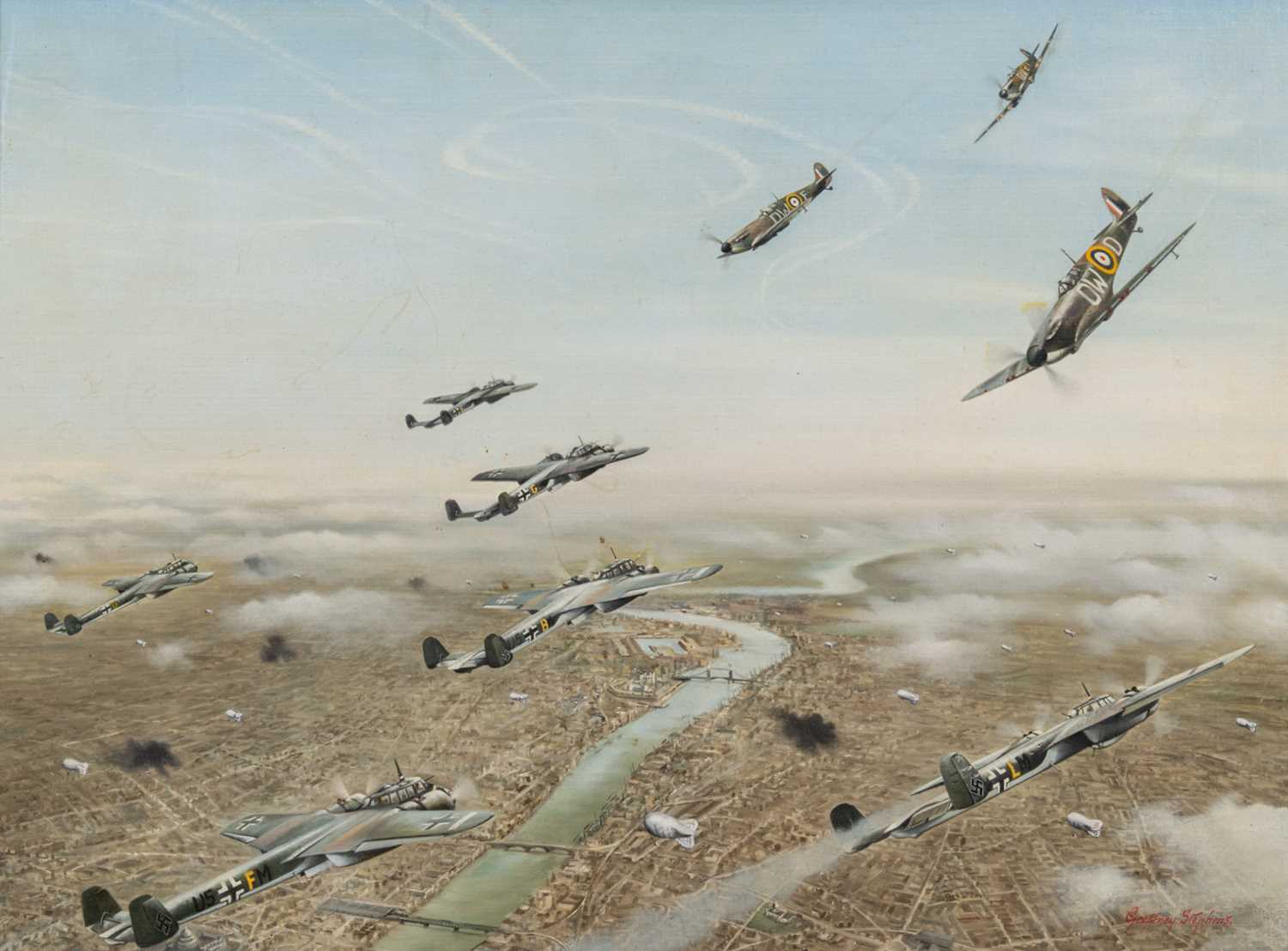 ‡ THE MILITARY CLUB HOUSE: GEOFFREY STEPHENS (20th Century) oil on board - 'Dorniers Over London',