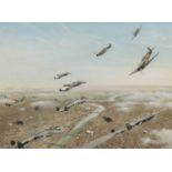 ‡ THE MILITARY CLUB HOUSE: GEOFFREY STEPHENS (20th Century) oil on board - 'Dorniers Over London',