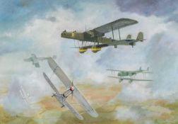 ‡ THE MILITARY CLUB HOUSE: RAY DAWES (20th Century) oil on board - 'Heyford Hey-Day', planes