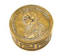 THE MILITARY CLUB HOUSE: NELSON SOUVENIR GILT BRASS SNUFF BOX, commemorating his birth, the push-