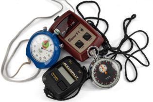 THE TRACK & FIELD CLUB HOUSE: FOUR VARIOUS STOPWATCHES, including a Heuer 'Track Master' in blue