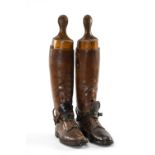 THE EQUESTRIAN CLUB HOUSE: PAIR OF VINTAGE TAN LEATHER BOOTS & ASSOCIATED BOOT TREES possibly for