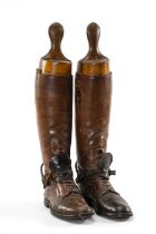 THE EQUESTRIAN CLUB HOUSE: PAIR OF VINTAGE TAN LEATHER BOOTS & ASSOCIATED BOOT TREES possibly for