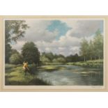 ‡ THE FISHING CLUB HOUSE: ROY NOCKOLDS colour lithograph - The Angler, signed in pencil, blindstamp,