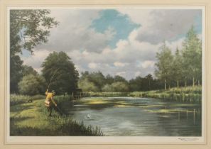 ‡ THE FISHING CLUB HOUSE: ROY NOCKOLDS colour lithograph - The Angler, signed in pencil, blindstamp,