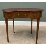 EDWARDIAN MAHOGANY KIDNEY SHAPED DESK, having a gilt tooled inset leather skiver over a shaped front