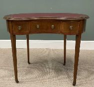 EDWARDIAN MAHOGANY KIDNEY SHAPED DESK, having a gilt tooled inset leather skiver over a shaped front