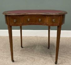 EDWARDIAN MAHOGANY KIDNEY SHAPED DESK, having a gilt tooled inset leather skiver over a shaped front