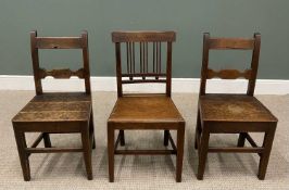 THREE ANTIQUE OAK FARMHOUSE CHAIRS, comprising a pair with shaped central cross bar, 88cms H, 44.