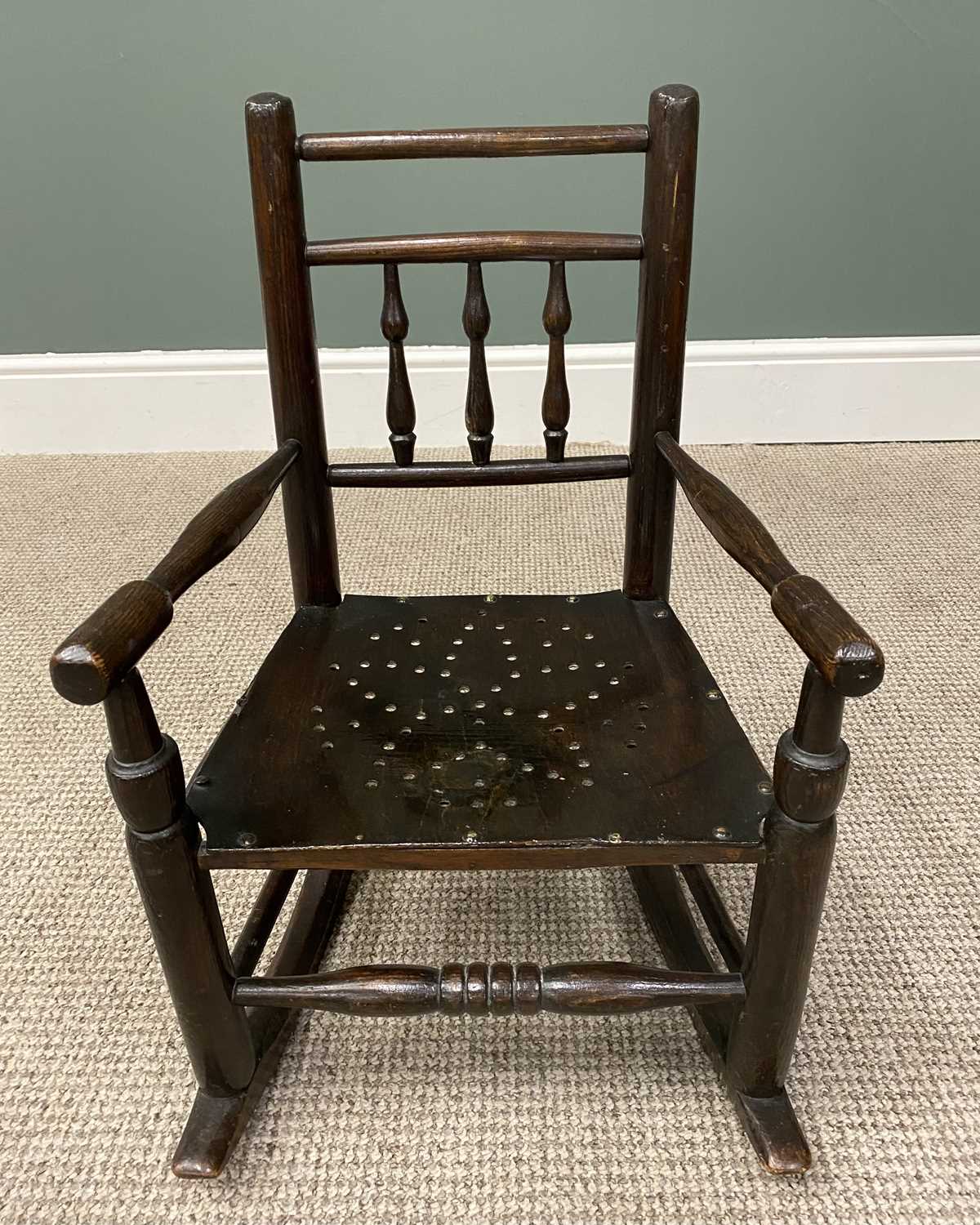 OFFERED WITH LOT 35 - CHILD'S VINTAGE OAK ROCKING CHAIR, spindle back with turned arms, front