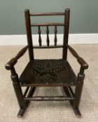 OFFERED WITH LOT 35 - CHILD'S VINTAGE OAK ROCKING CHAIR, spindle back with turned arms, front