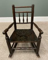 OFFERED WITH LOT 35 - CHILD'S VINTAGE OAK ROCKING CHAIR, spindle back with turned arms, front