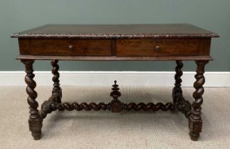 OAK HALL TABLE CIRCA 1900, rectangular top with carved edge moulding, having two pine lined frieze
