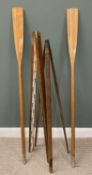 PAIR OF VINTAGE BOATING OARS, SURVEYORS HINGED RULE & AN INSTRUMENT TRIPOD STAND, 182cms L (the