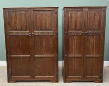 TWO PRIORY OAK-STYLE LADY'S & GENTS WARDROBES, having linenfold carved upper panels, ironwork hinges