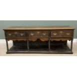 ANTIQUE OAK JACOBEAN-STYLE LONG POT BOARD DRESSER BASE, the three-plank moulded edge top over