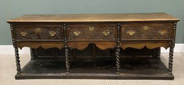 ANTIQUE OAK JACOBEAN-STYLE LONG POT BOARD DRESSER BASE, the three-plank moulded edge top over