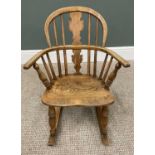 PLUS LOT 34 - CHILD'S VINTAGE WINDSOR ROCKING ARMCHAIR, hooped spindle back with shaped central