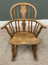 PLUS LOT 34 - CHILD'S VINTAGE WINDSOR ROCKING ARMCHAIR, hooped spindle back with shaped central