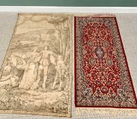 EASTERN STYLE RED GROUND WOOLLEN RUG - 176 x 91cms & AN ANTIQUE STYLE WALL TAPESTRY - with classical