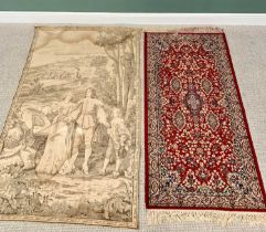 EASTERN STYLE RED GROUND WOOLLEN RUG - 176 x 91cms & AN ANTIQUE STYLE WALL TAPESTRY - with classical