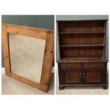 MINIATURE OAK DRESSER & A LARGE PINE FRAMED WALL MIRROR, twin shelf upper rack with carved detail to