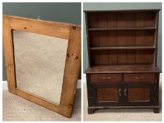 MINIATURE OAK DRESSER & A LARGE PINE FRAMED WALL MIRROR, twin shelf upper rack with carved detail to