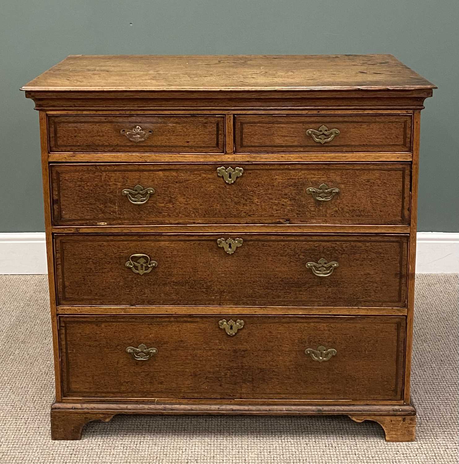 ANTIQUE OAK CHEST OF TWO SHORT OVER THREE LONG OAK LINED DRAWERS, with cockbeaded edges, inlaid