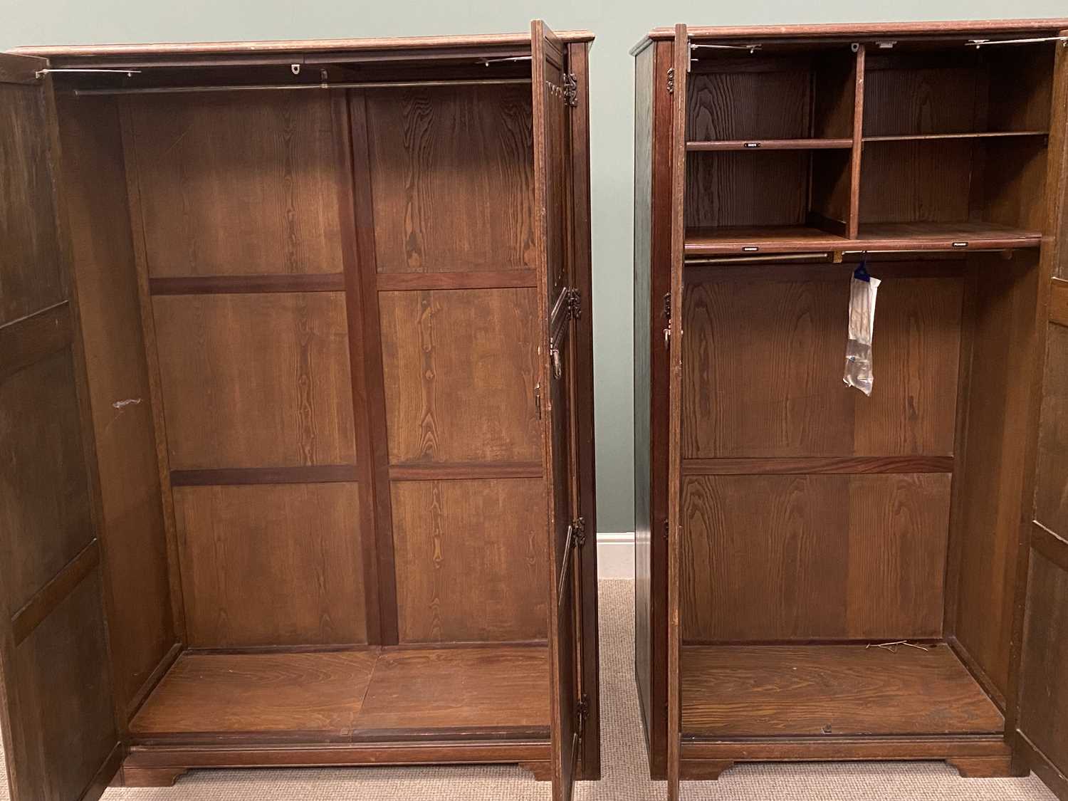 TWO PRIORY OAK-STYLE LADY'S & GENTS WARDROBES, having linenfold carved upper panels, ironwork hinges - Image 2 of 6