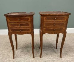 PAIR OF FRENCH REPRODUCTION THREE-DRAWER MARQUETRY SIDE TABLES, the tray-type tops with central