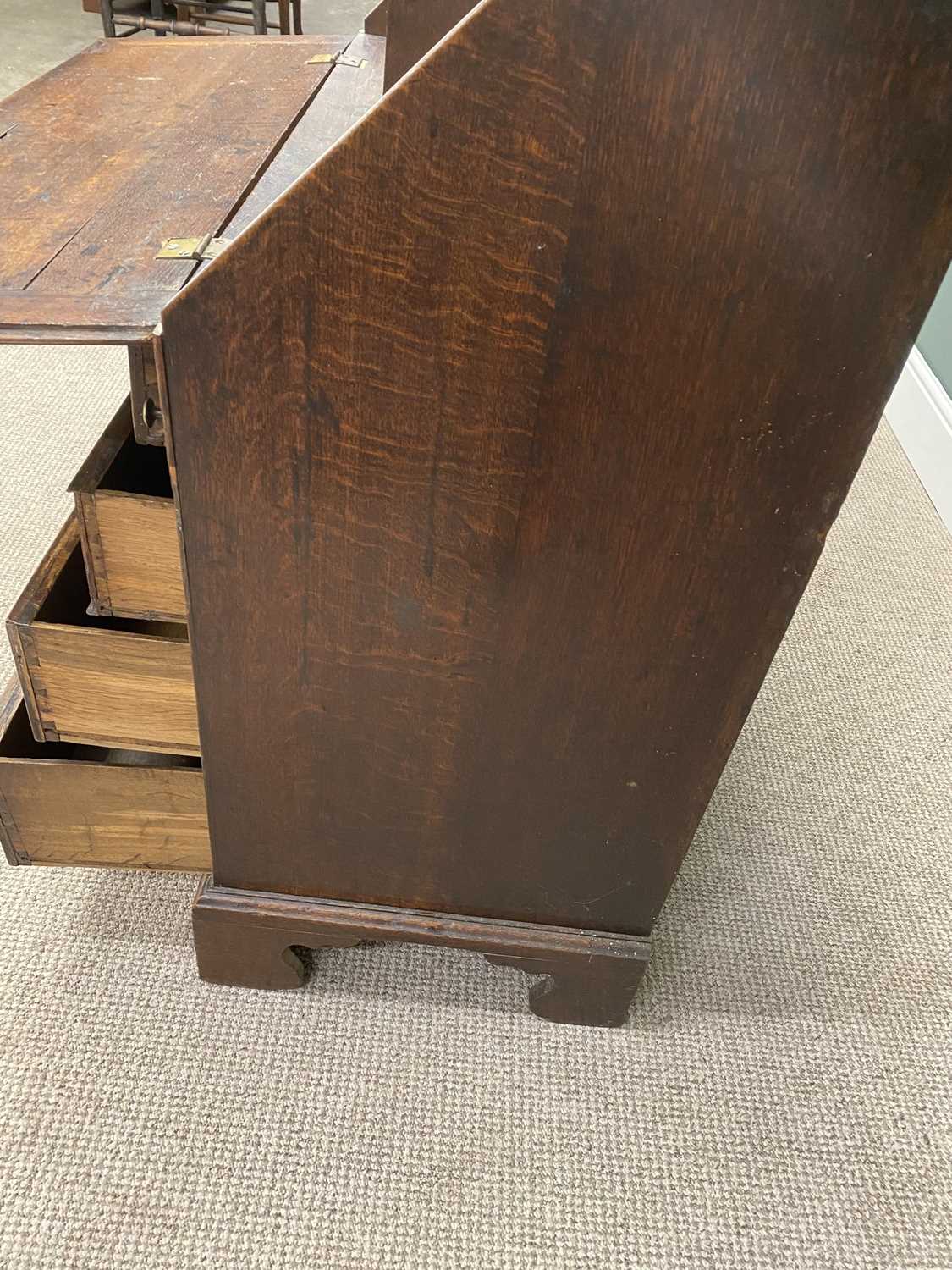 GEORGIAN OAK FALL FRONT BUREAU, the cleated end fall opening to reveal a fitted interior of - Image 6 of 6