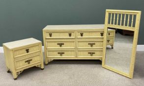 BAMBOO EFFECT THREE-PIECE BEDROOM SUITE comprising a six-drawer chest with brass drop handles, on