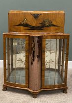 WALNUT ART DECO COCKTAIL CABINET, with Chinoiserie front decoration, metamorphic top with drop