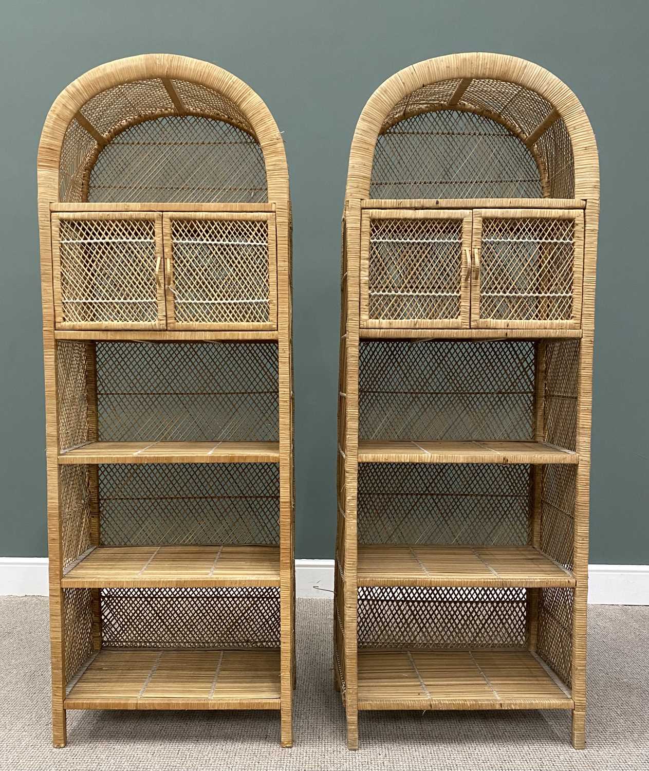 PAIR OF ARCHED TOP CANEWORK SHELVES with twin upper doors, 183cms H, 64cms W, 39cms D Provenance: